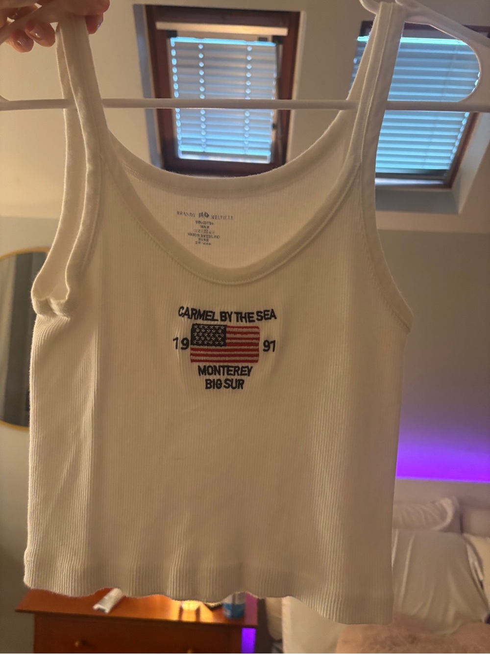 Brandy Melville White Ribbed Tank with Flag Embroidery